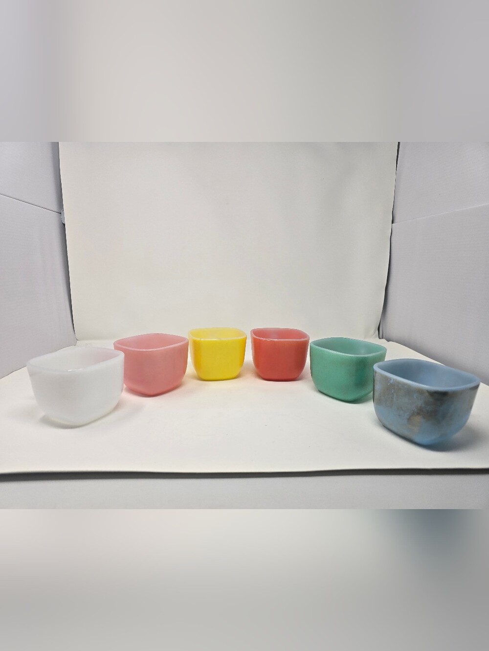 Vintage 1950s Glasbake Milk Glass Square Mugs - Set of 6 Rainbow Colors